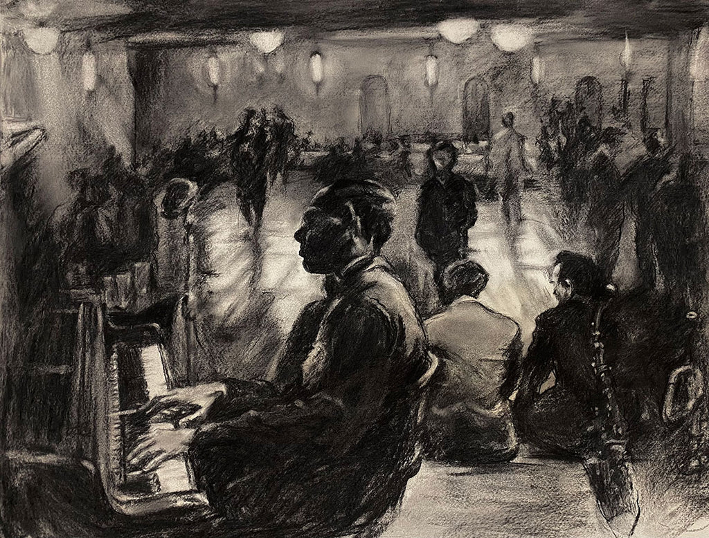 NYC '49 – рисунка с въглен от Карамфила Сидерова-Бинева: джаз клуб в Ню Йорк през 1949 г., пианист сред танцуващи